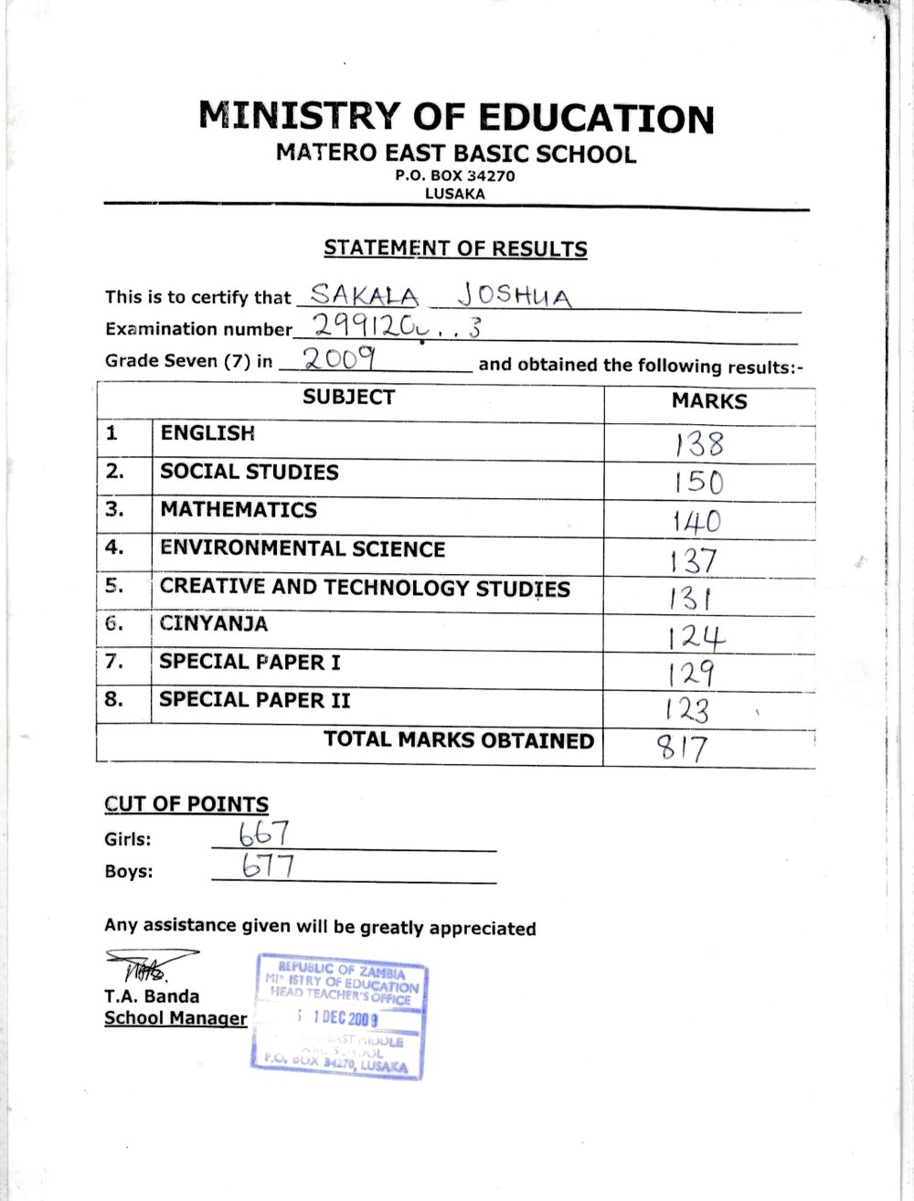 Joshua Bwalo Sakala's actual Grade 7 examination results, 2009